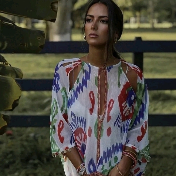 Zara Other - Zara Long Beaded Print Kimono Kaftan Sheer Colorful Beach Coverup Xs